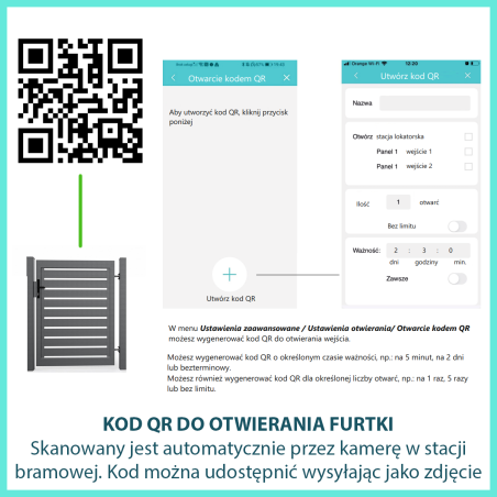 Możliwość wygenerowania kodu QR do otwierania furtki. Stacja odczytuje kody automatycznie. Kod można udostępnić jak zdjęcie
